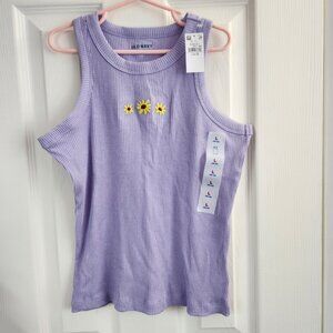Old Navy Girls Lavender Ribbed Tank Top With Daisy Embroidery Size L 10-12